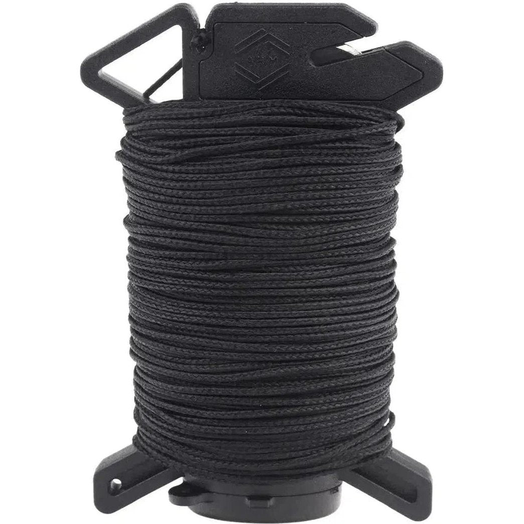 A spool of black Atwood Rope Ready Rope - 100 Micro Cord - 1.18MM X 125 FT sits against a white background.