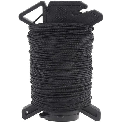 A spool of black Atwood Rope Ready Rope - 100 Micro Cord - 1.18MM X 125 FT sits against a white background.