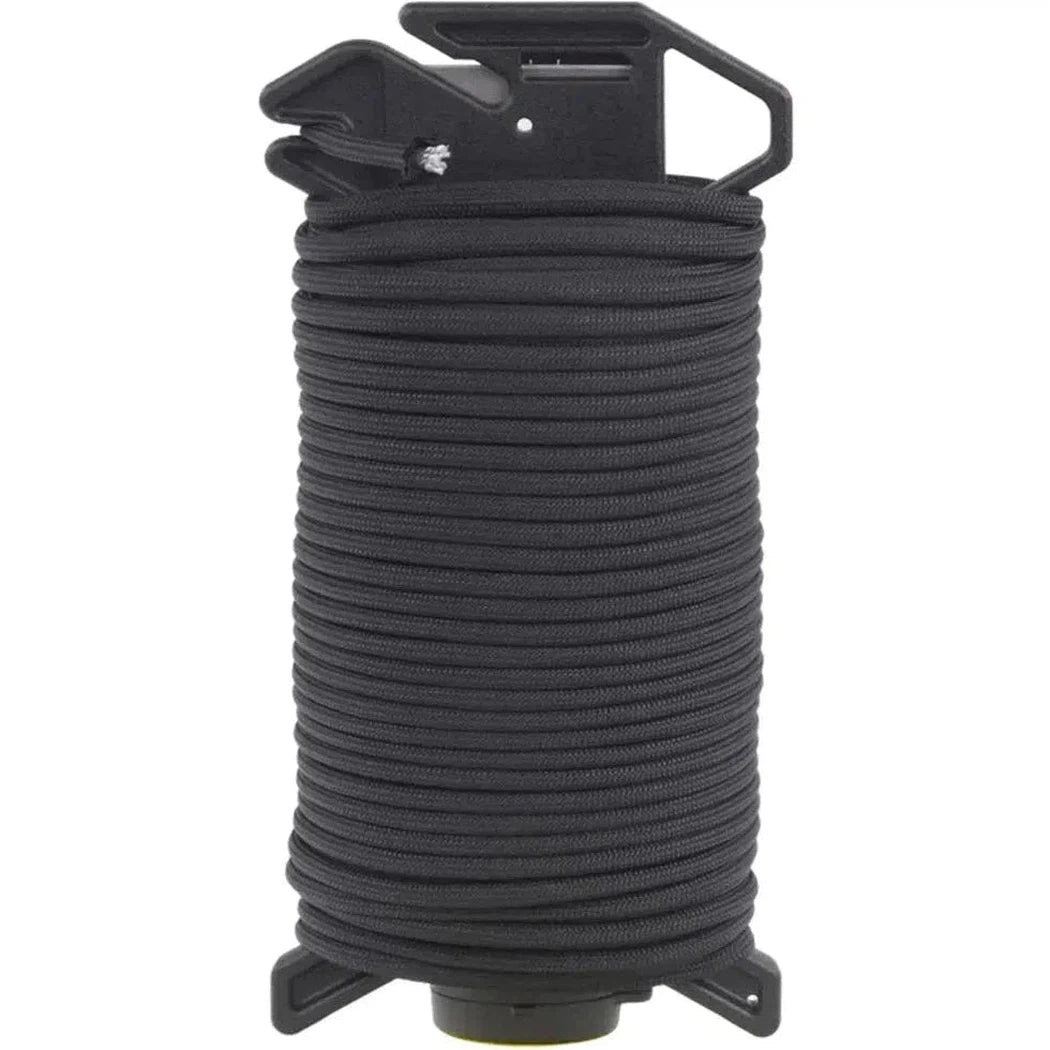 A black Atwood Rope Ready Rope - 550 Paracord - 4MM X 100 FT spool with a black plastic handle and base, shown from the front against a white background.