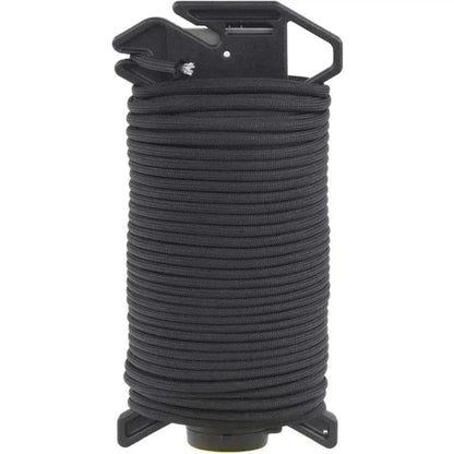 A black Atwood Rope Ready Rope - 550 Paracord - 4MM X 100 FT spool with a black plastic handle and base, shown from the front against a white background.