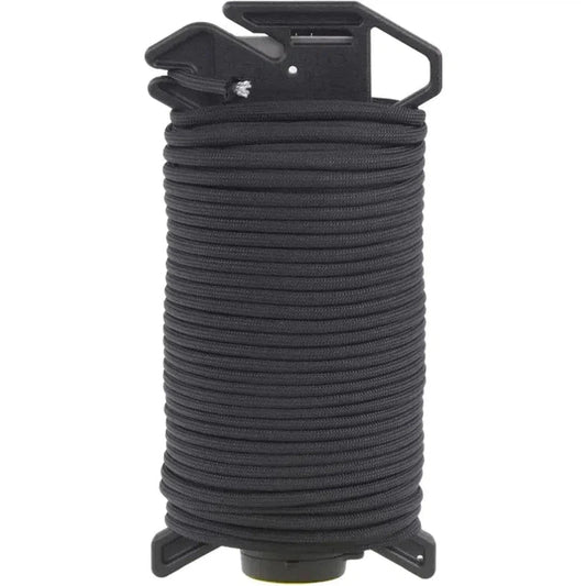 A black Atwood Rope Ready Rope - 550 Paracord - 4MM X 100 FT spool with a black plastic handle and base, shown from the front against a white background.