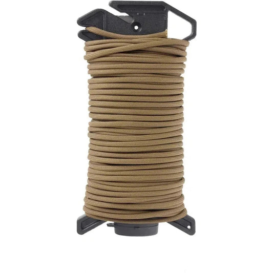 A spool of black Atwood Rope Ready 550 Paracord rope is shown from a front angle against a white background.
