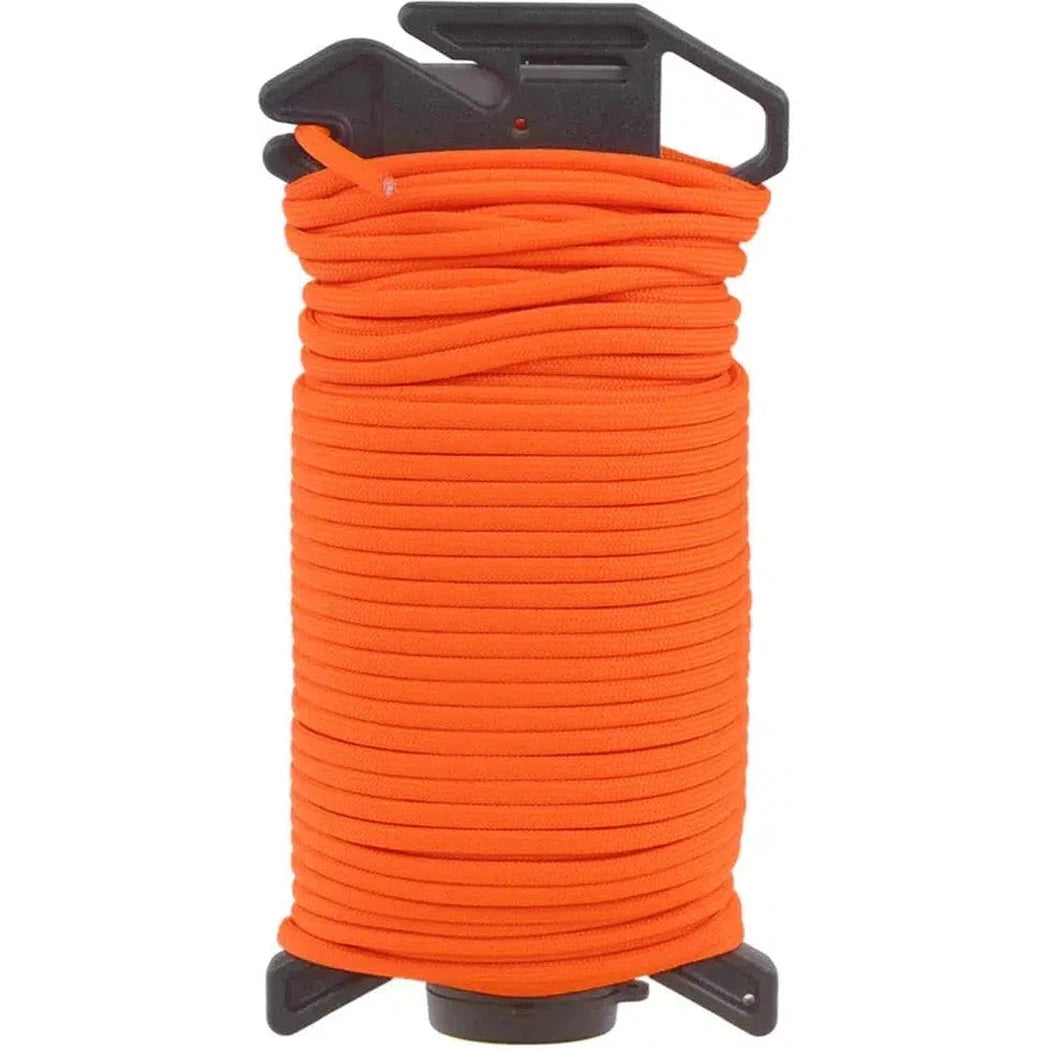 A spool of black Atwood Rope Ready Rope - 550 Paracord - 4MM X 100 FT sits against a white background.