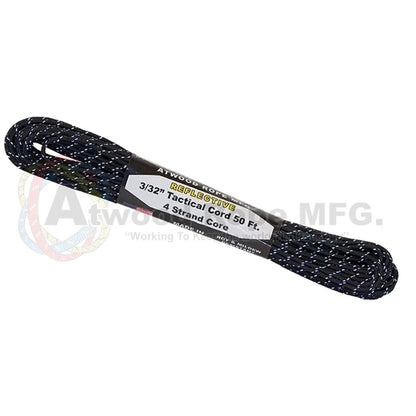 A black Atwood Rope Reflective Cord - 275 LB Tactical Cord - 2.4MM X 50 FT is shown in a side view against a white background.