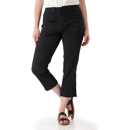 A side view of the Aventura Women's Arden Crop Pant in Black, showing the cropped length and a model wearing it against a white background.