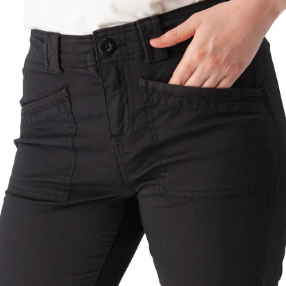 A close-up of the Aventura Women's Arden Crop Pant in Black, showing the front pocket and button closure.