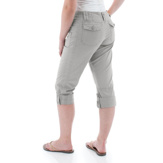 Side view of the Aventura Women's Arden V2 Capri in Quarry showing the rolled cuffs and back pockets against a white background.