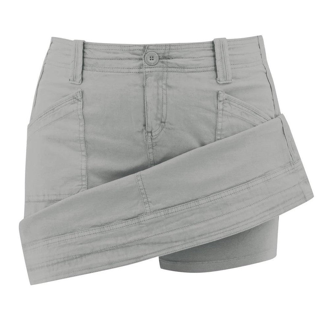 Side view of the Aventura Women's Arden V2 Skort in Quarry showing the rolled hem and front pockets against a white background.