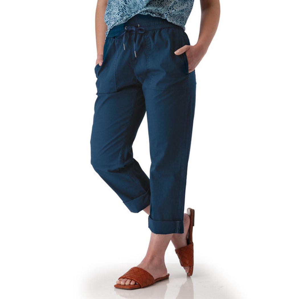 Side view of the Aventura Women's Ballard Ankle Pant in Botanical Green showing the drawstring waist and pockets against a white background.