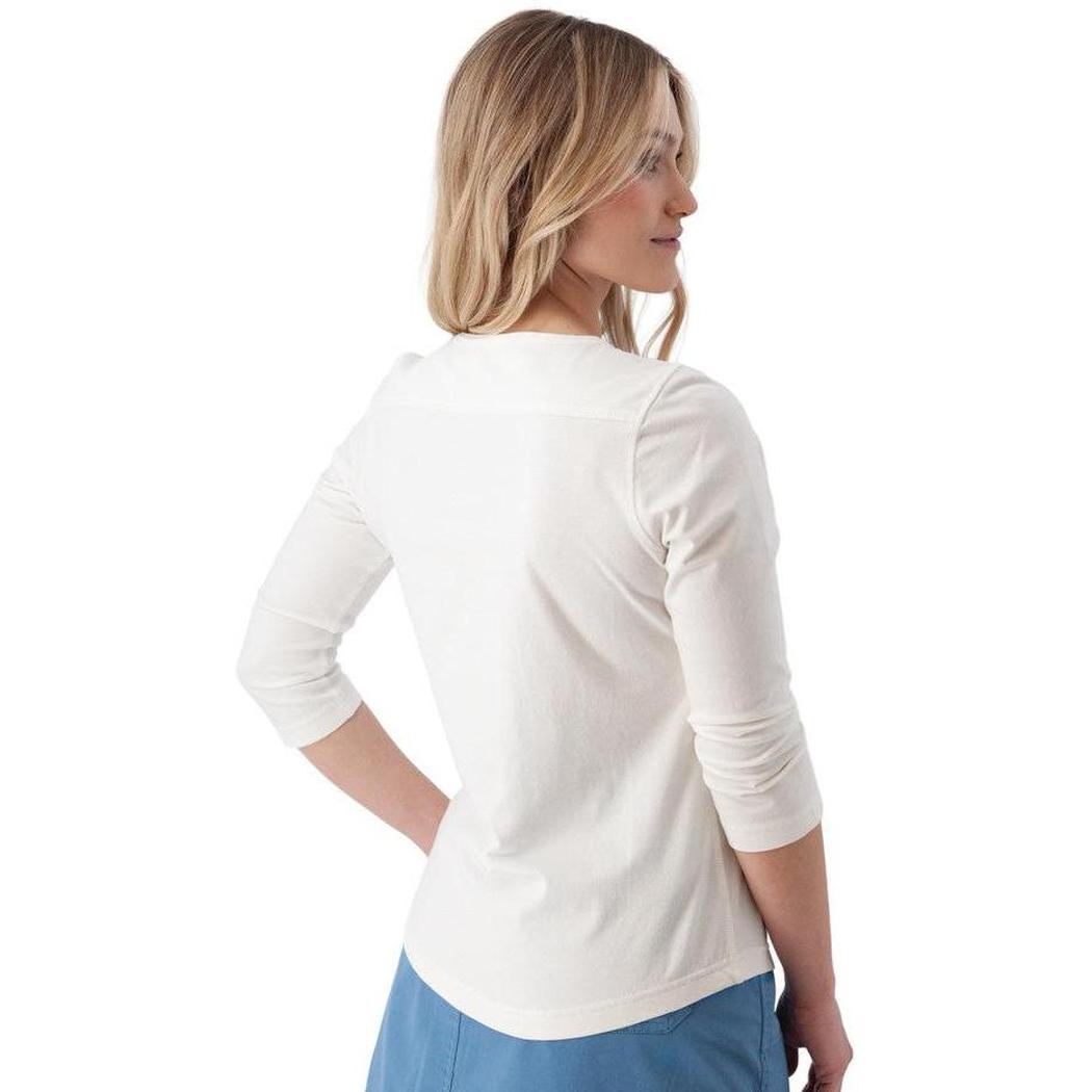 Back view of the Aventura Women's Juni 3/4 Sleeve in White on a model against a white background.