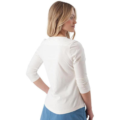 Back view of the Aventura Women's Juni 3/4 Sleeve in White on a model against a white background.