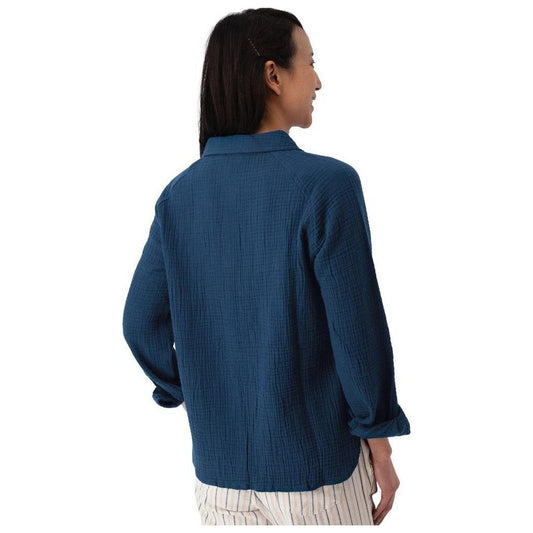 Back view of the Aventura Women's Kelford Full Button in Gibraltar Sea showing the full button front and white striped pants against a white background.
