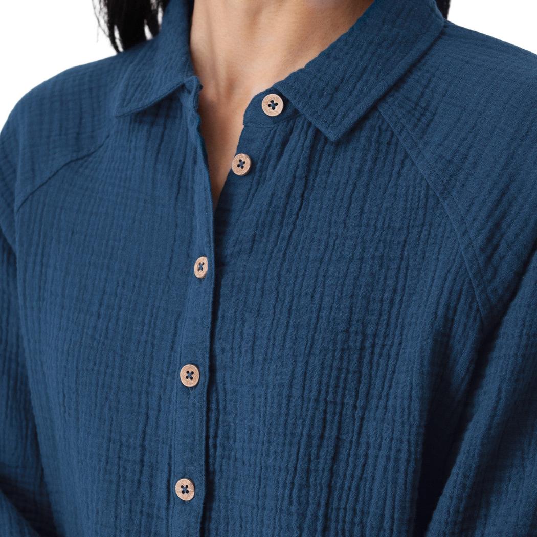 A close-up of the Aventura Women's Kelford Full Button top in Gibraltar Sea showing the button placket and collar against a white background.