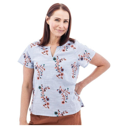 A woman wearing the Aventura Women's Lorena Top in White poses against a white background.