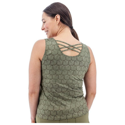 Back view of the Aventura Women's Soledad Top in Olive showing the crisscross back straps against a white background.