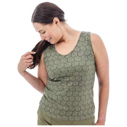 A woman wearing the Aventura Women's Soledad Top in Olive poses against a white background.