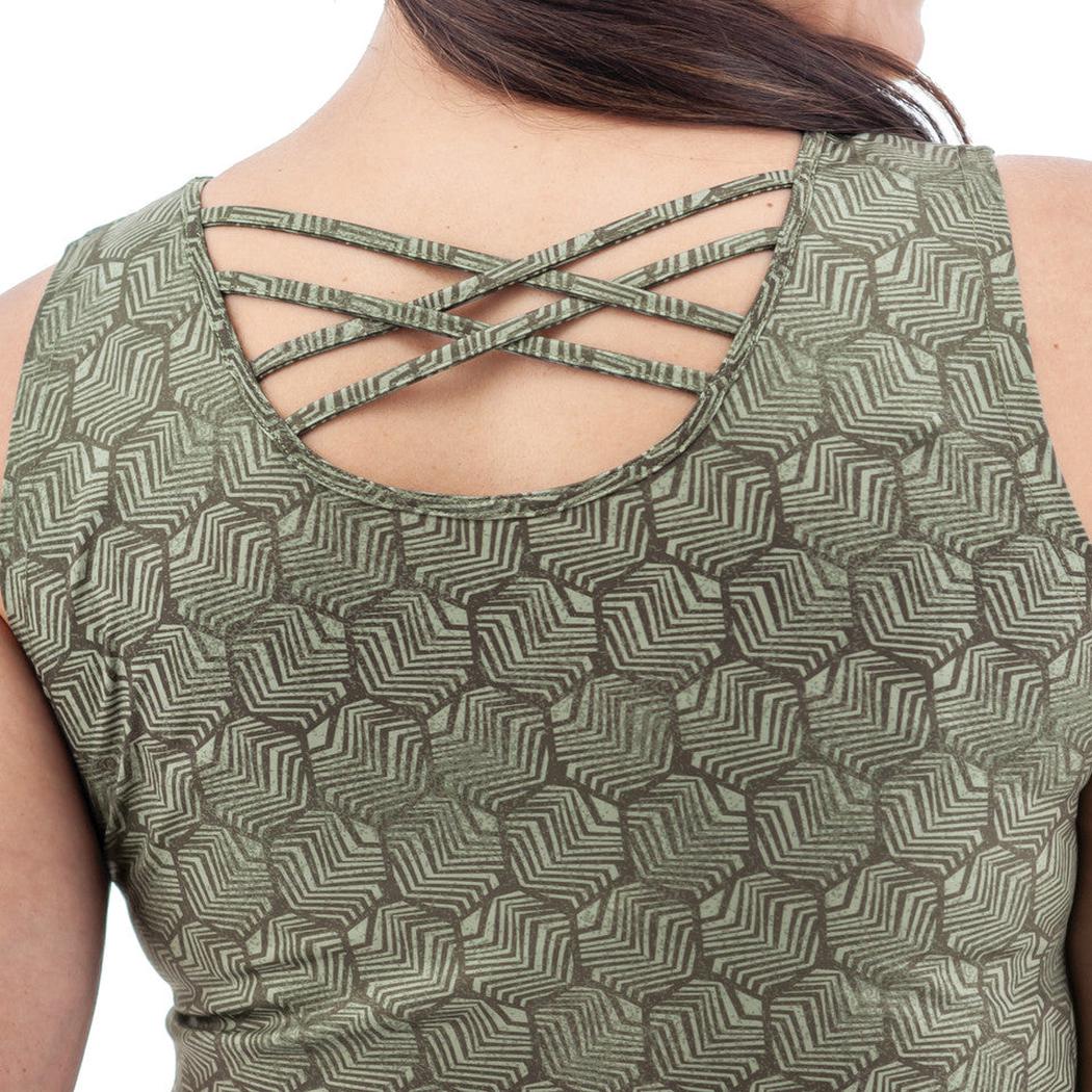 Back view of the Aventura Women's Soledad Top in Olive showing the crisscross back straps against a white background.