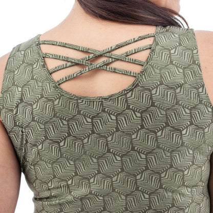 Back view of the Aventura Women's Soledad Top in Olive showing the crisscross back straps against a white background.