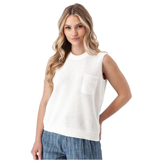 A woman wearing the Aventura Women's Summertime Tank in White poses against a white background.