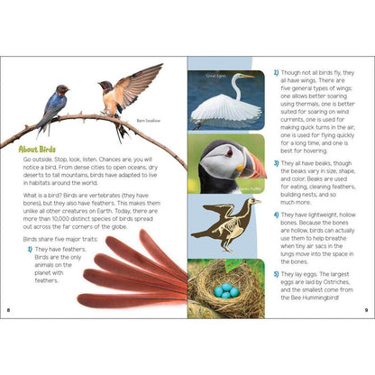 A book titled "Backyard Birding for Kids" open to a page showing bird illustrations and text about birds.