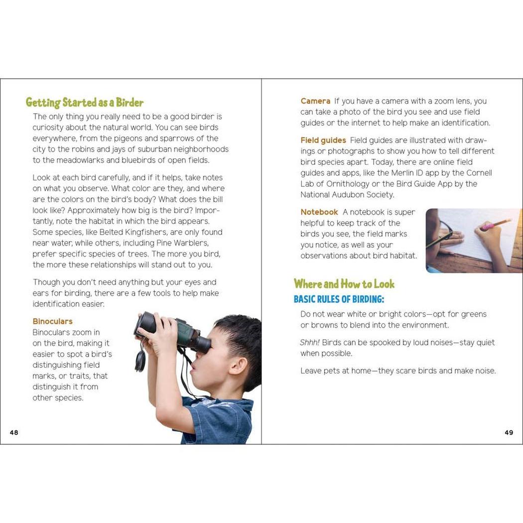 A child wearing a blue shirt uses binoculars to look at birds in a backyard book titled "Backyard Birding for Kids".