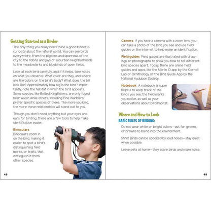 A child wearing a blue shirt uses binoculars to look at birds in a backyard book titled "Backyard Birding for Kids".