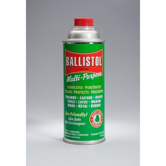 A green Ballistol 16oz can with a red cap sits against a gray background.
