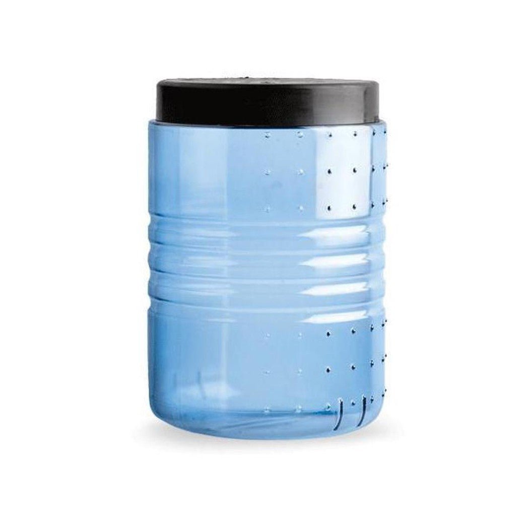 A blue Bear Vault BV500 - Journey food storage container with a black lid, showing its ribbed sides and ventilation holes, photographed from the front against a white background.