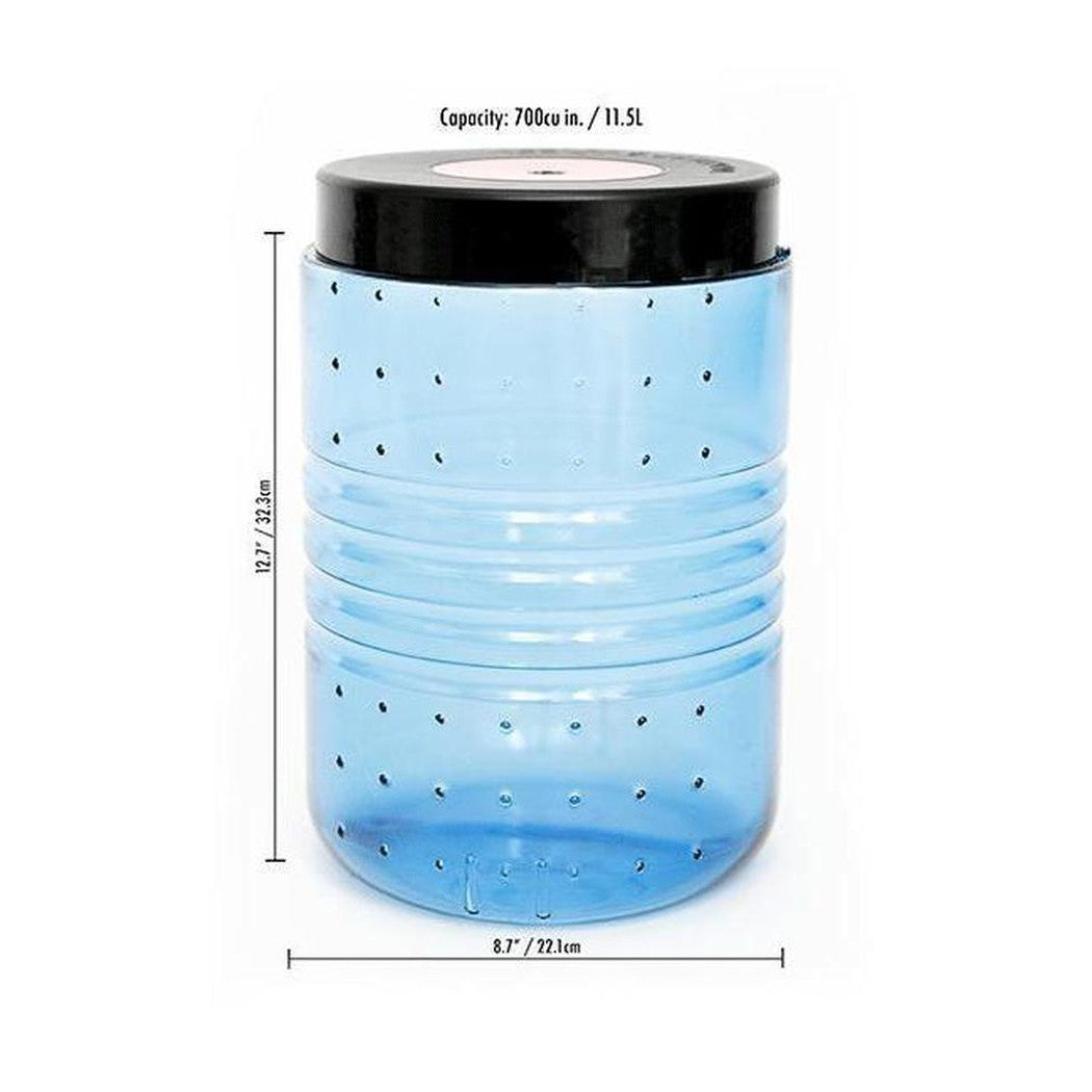 A blue Bear Vault BV500 - Journey food storage container with a black lid, showing its 700 cu in capacity and dimensions against a white background.