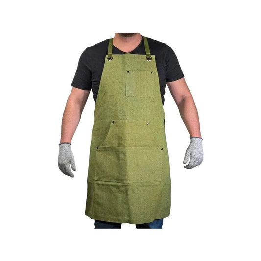 A front view of the Beavercraft Adjustable Green Canvas Work Apron on a model wearing gray gloves against a white background.