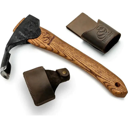 A natural, complete sentence describing the photo: "Side view of the Beavercraft Adze with Leather Sheath showing the wooden handle and two leather sheaths against a white background.