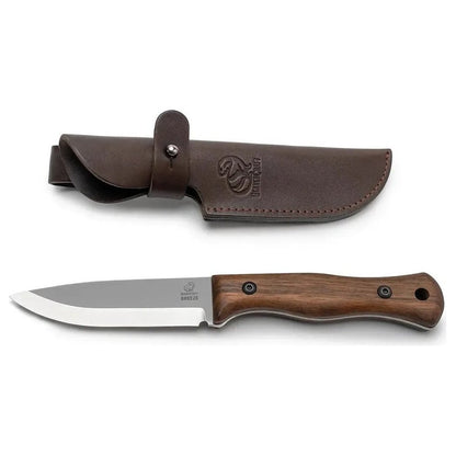 A top-down view of the Beavercraft Breeze Bushcraft knife with a brown leather sheath on a white background.