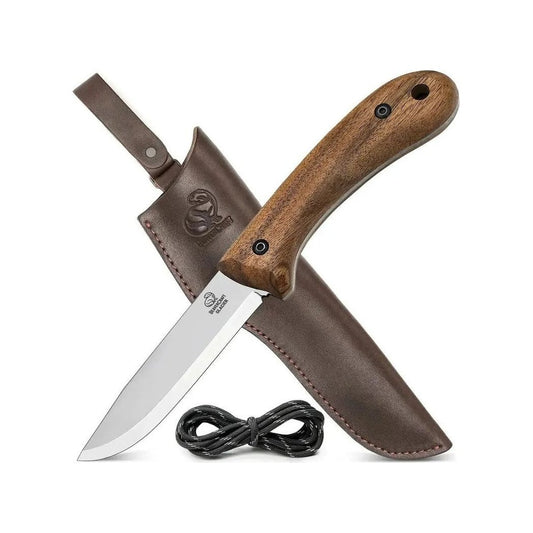 A natural wood handled Beavercraft BSH2 Bushcraft Knife with a brown leather sheath and black cord, shown against a white background.