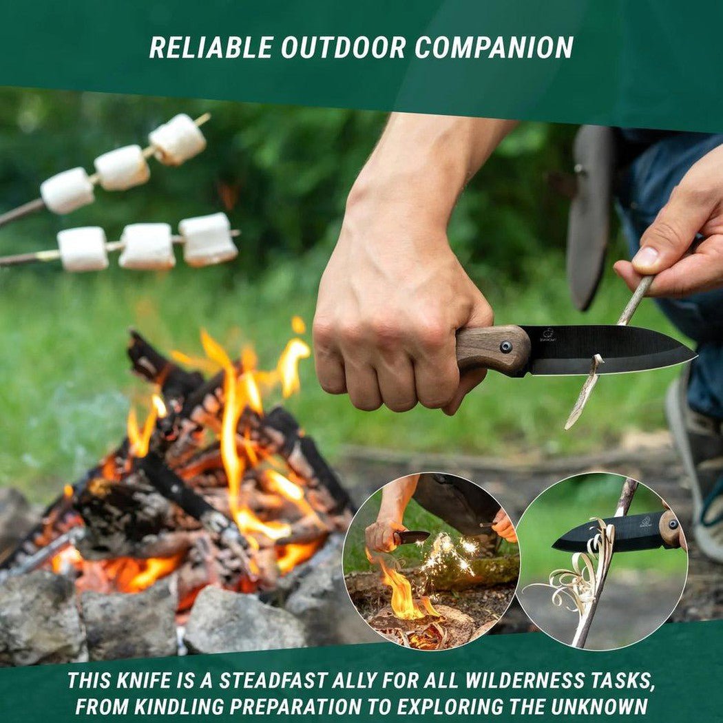 A hand holds the Beavercraft BSH5 Bushcraft Knife near a campfire with marshmallows roasting in the background.