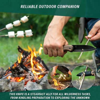 A hand holds the Beavercraft BSH5 Bushcraft Knife near a campfire with marshmallows roasting in the background.