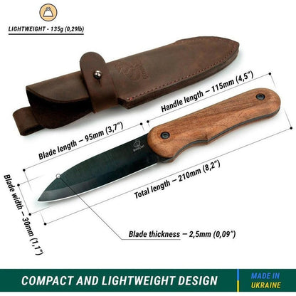 A side view of the Beavercraft BSH5 Bushcraft Knife with a brown leather sheath against a white background.