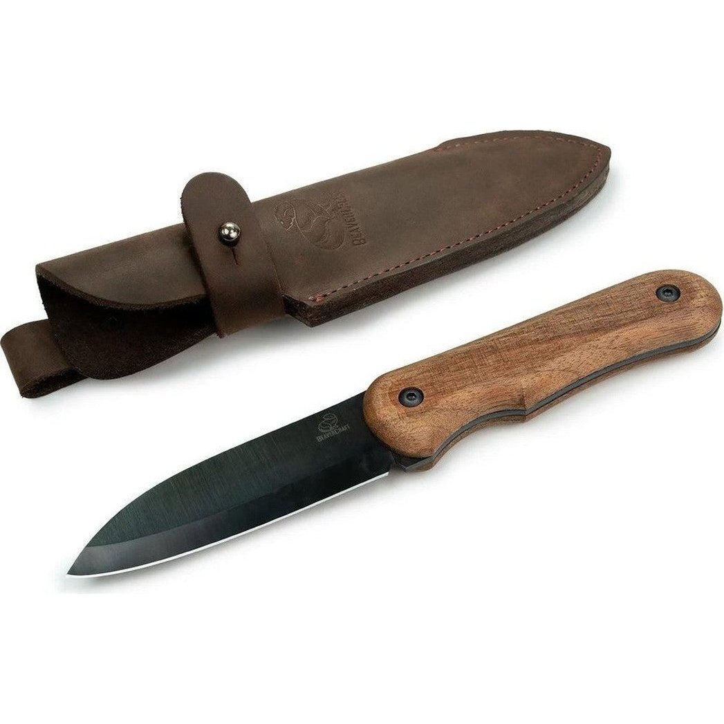 A side view of the Beavercraft BSH5 Bushcraft Knife with a natural wood handle and charcoal blade, displayed against a white background.