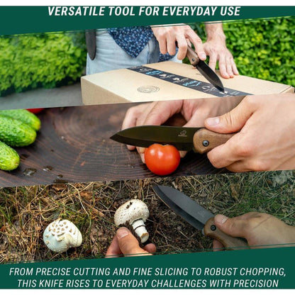 A person uses the Beavercraft BSH5 Bushcraft Knife to cut a tomato and mushrooms outdoors.