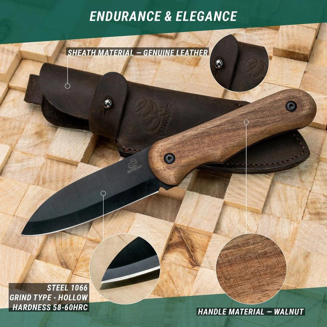 A close-up of the Beavercraft BSH5 Bushcraft Knife with a walnut handle and genuine leather sheath on a wooden background.