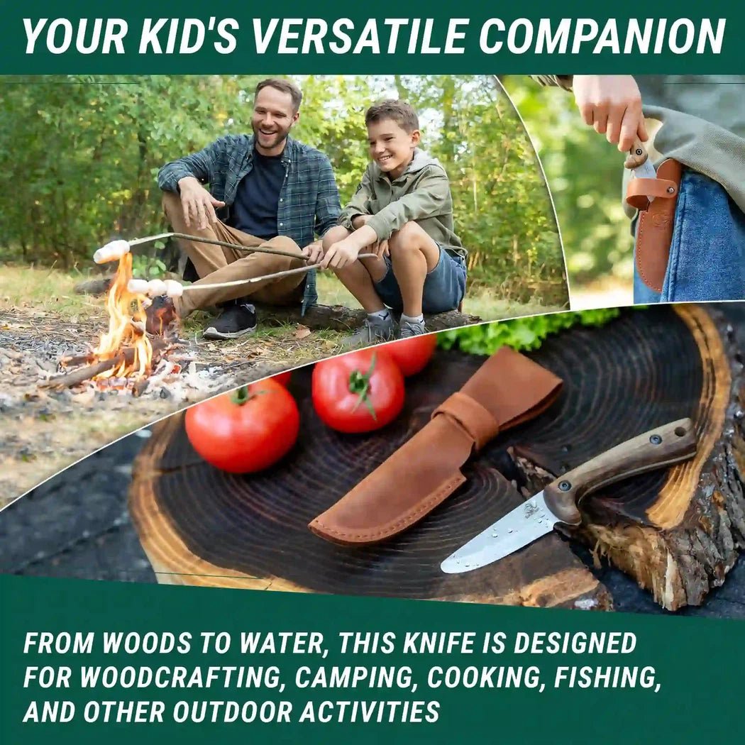 A photo shows a Beavercraft Carbon Steel Blued-Blade Bushcraft Knife with leather sheath on a tree stump with tomatoes, alongside a campfire scene with two people roasting marshmallows.