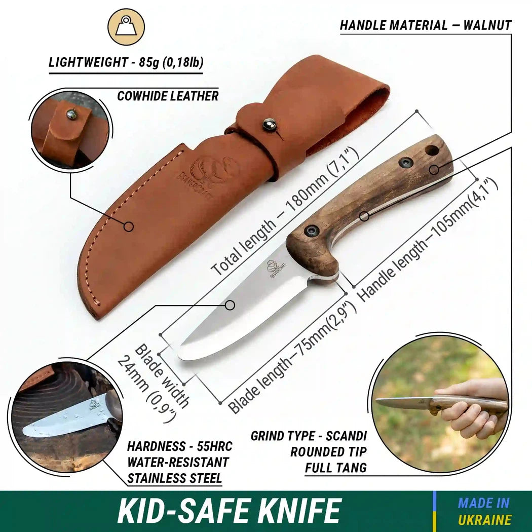 A top-down view of the Beavercraft Carbon Steel Blued-Blade Bushcraft Knife for Kids with a walnut handle and cowhide leather sheath.