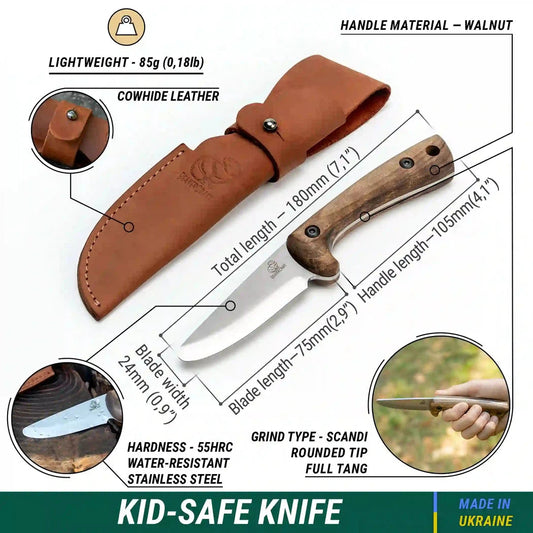 A top-down view of the Beavercraft Carbon Steel Blued-Blade Bushcraft Knife for Kids with a walnut handle and cowhide leather sheath.