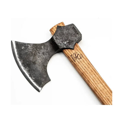 A close-up of the Beavercraft Chopping Hewing Axe with a wooden handle and a charcoal-colored blade against a white background.