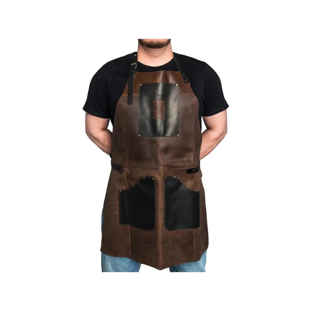 A front view of the Beavercraft Cowhide Apron Leather worn by a man in a black shirt against a white background.