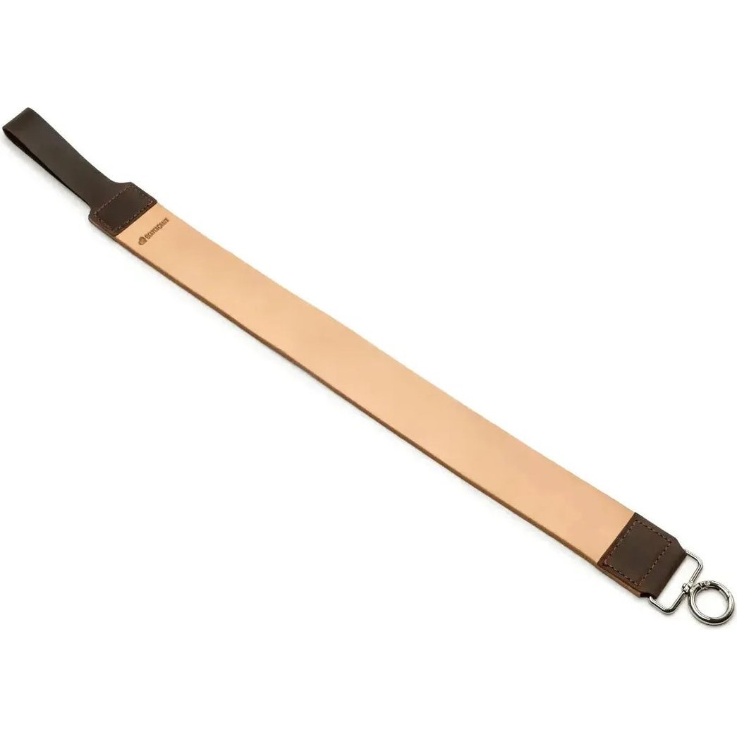 A natural, complete sentence describing the photo: "Side view of the Beavercraft Double-Sided Leather Hanging Strop showing the metal ring and dark brown leather end against a white background.