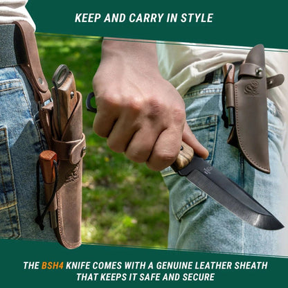 A person holds the Beavercraft Dusk-Carbon Steel Bushcraft Knife With Ferro Rod And LeatherSheath, showing its genuine leather sheath and blade, against a green outdoor background.