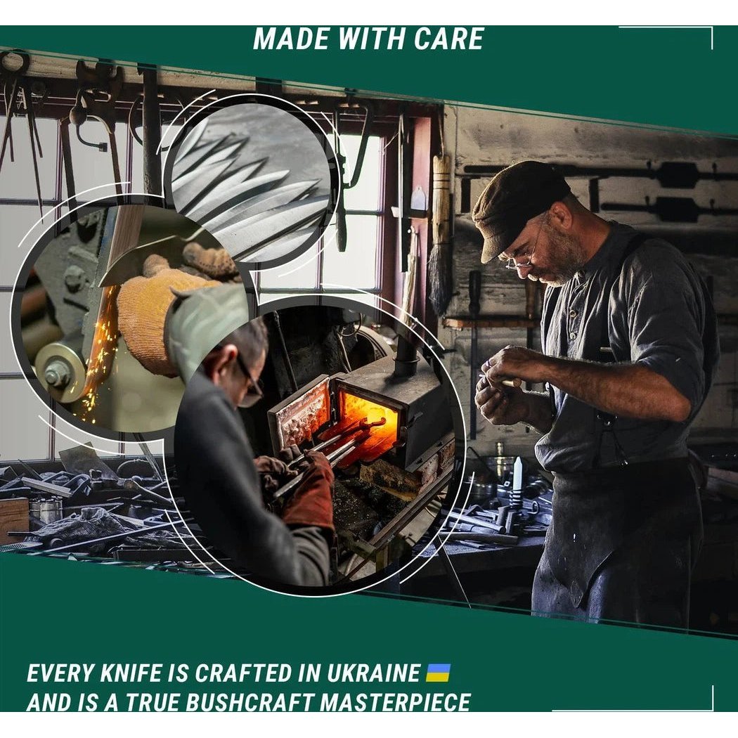 A craftsman works in a workshop making the Beavercraft Dusk-Carbon Steel Bushcraft Knife With Ferro Rod And LeatherSheath, every knife is crafted in Ukraine.