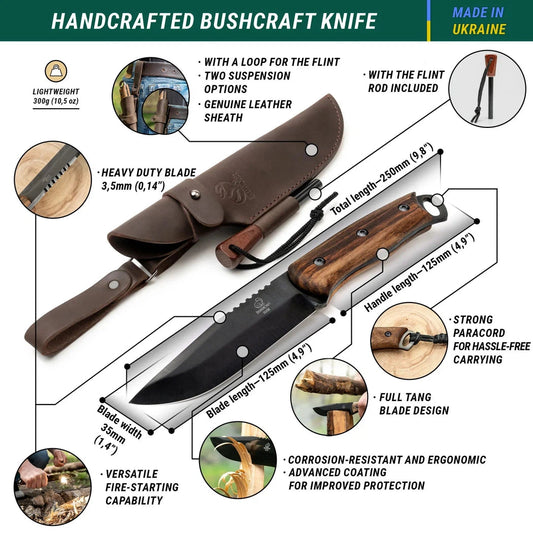 A top-down view of the Beavercraft Dusk-Carbon Steel Bushcraft Knife With Ferro Rod And LeatherSheath showing the full tang blade and genuine leather sheath.