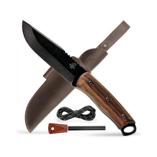 A Beavercraft Dusk-Carbon Steel Bushcraft Knife With Ferro Rod And LeatherSheath sits crossed with its sheath, showing the wooden handle and black blade, against a white background.