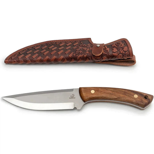 A top-down view of the Beavercraft Hunting Knife with Leather Sheath showing the detailed leather sheath and the knife's polished blade and wooden handle.